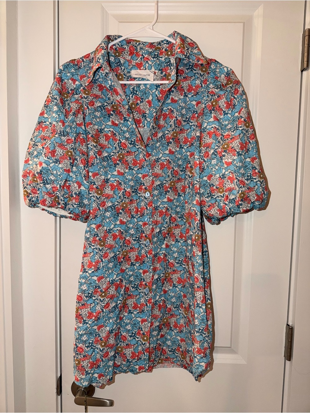 Puff-Sleeve Floral Button-Front Mini Dress in Blue & Red